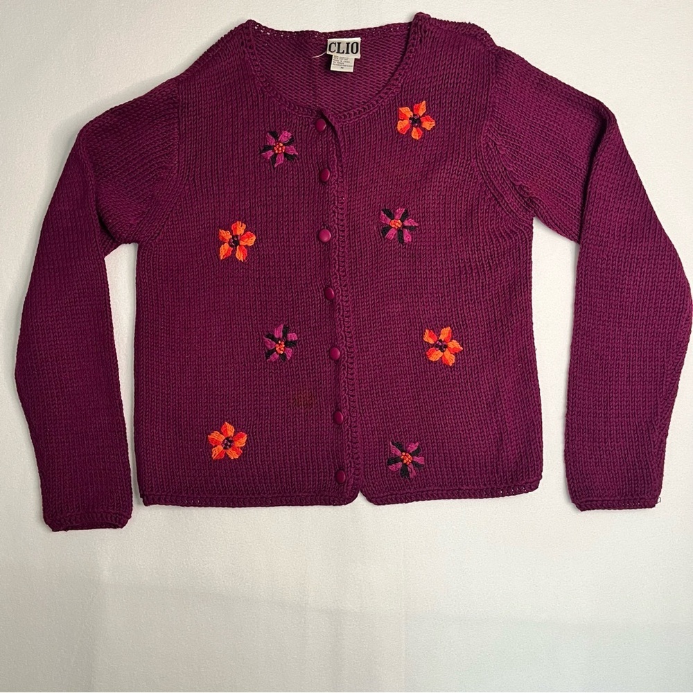 Clio Women's Vintage Cardigan Office Sweater w/Embroidered Floral Details Size M